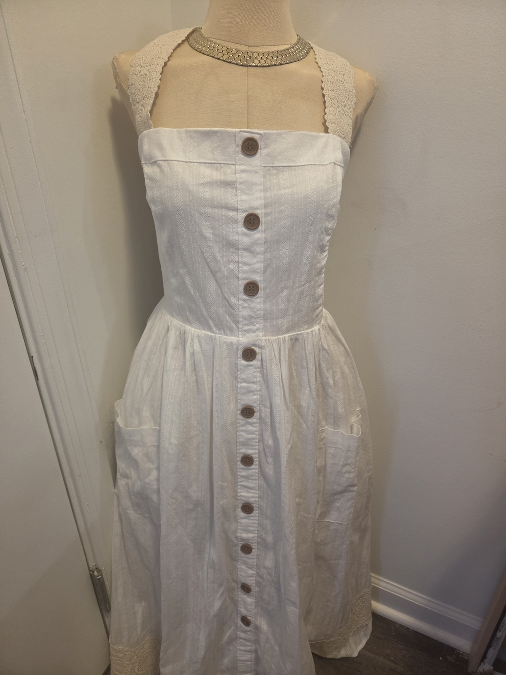 Haute Hippie Ivory Button-Front Midi Dress with Lace Straps And Lace Hem